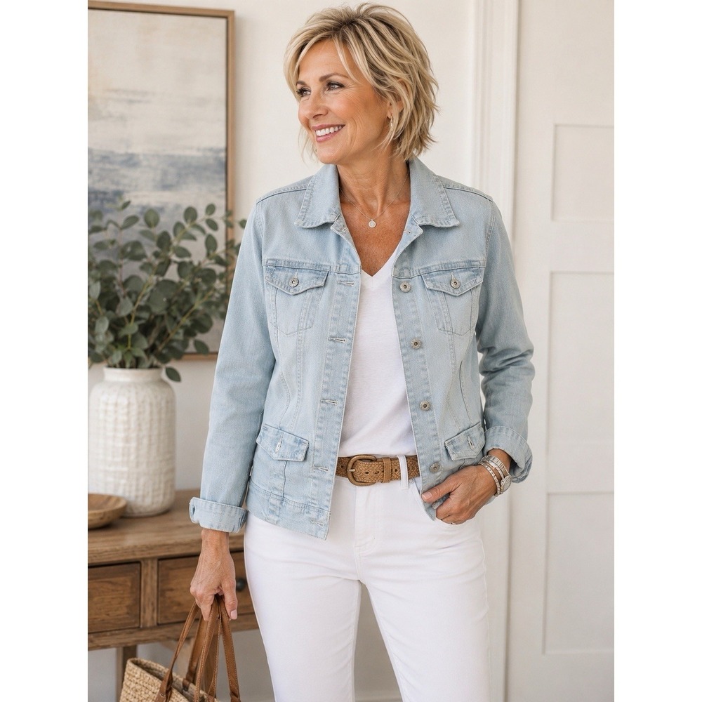 Chicos Platinum Light Wash Stretch Denim Jacket Women's Size 0 Small Utility